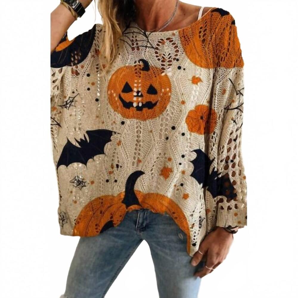 NEW MCCOLIN halloween pumpkin & bat crochet top in beige